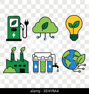Eco clean energy linear colorful icons set with charging cloud lightbulb factory filter and planet Stock Vector