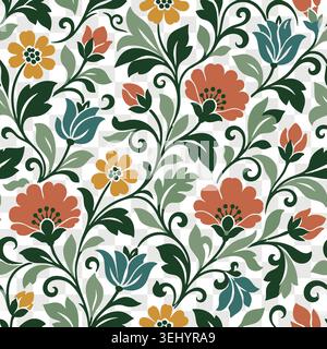 Floral seamless pattern with red poppies orange wild flowers and green leaves foliage background Stock Vector