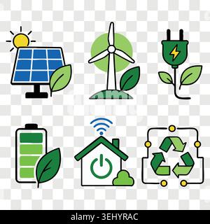 Green renewable energy linear colorful icons set with solar panel wind turbine home and recycling Stock Vector