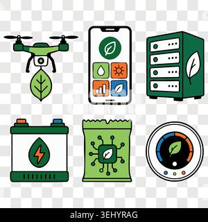Smart farming green tech linear colorful icons set with drone phone smart grid battery and chip Stock Vector