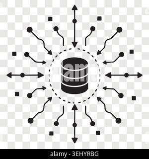 Data server connection network concept icon with database storage cylinder radiating many structural arrows Stock Vector