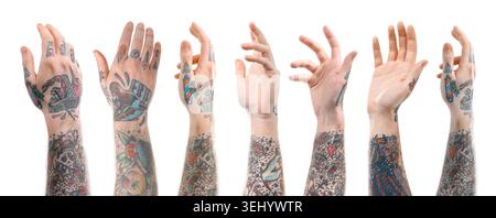 Man showing his tattooed hands on white background, set Stock Photo