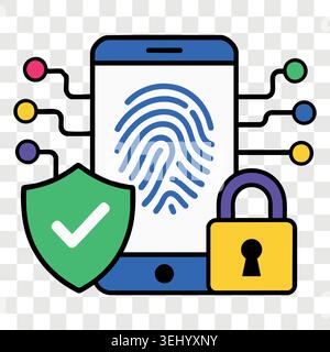 Biometric fingerprint scanning security concept icon on smartphone screen with checkmark and padlock graphics Stock Vector