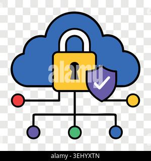 Cloud storage lock security concept icon with central cloud padlock shield and network connections Stock Vector