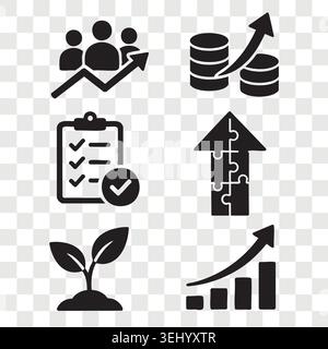 Business strategy growth black solid glyph icons set with checklist analytics teamwork and investment Stock Vector