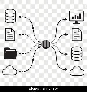 Data centralization sorting sketch with database storage network nodes cylinder and files transmission Stock Vector