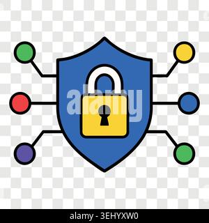 Network shield security technology icon with central padlock and digital nodes connection mesh layout Stock Vector
