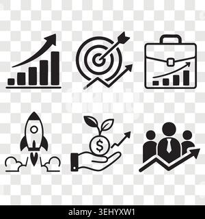 Financial success launch black solid glyph icons set with rocket graph target and income profit Stock Vector