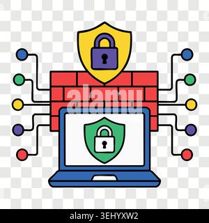 Firewall computer security concept icon with laptop brick wall padlock shield and server network Stock Vector