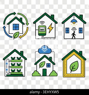 Eco friendly smart house icons set with solar panel charging battery water recycling and electricity Stock Vector