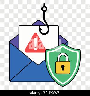 Email phishing security threat concept icon with open envelope message alert hook and protective shield Stock Vector