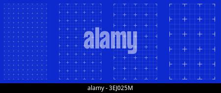 Blueprint grid set curved cross geometry, four scale variations. Wide medium dense micro spacing comparison, engineering layouts dashboards notebook pages interface planning systems technology graphic Stock Vector