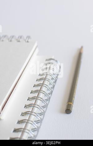 Spiral notebook and pencil arranged on white surface in minimalist studio scene. Clean stationery, creative branding, modern workspace, elegant Stock Photo