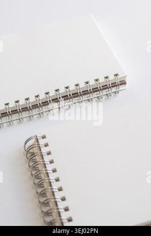Abstract close up of spiral notebooks on white background in studio. Minimal stationery, geometric composition, modern branding, creative workspace Stock Photo