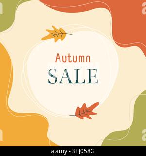 Autumn Sale Text on abstract spot decorated oak leaves and wave abstract shapes Minimal flat design. Vector illustration Seasonal offer Promo Banner, leaflet, label, price, posting or print materials Stock Vector