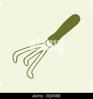 Hand drawn garden rake or claw for soil cultivation. Small manual tool for loosening earth and removing weeds. Minimalist line art vector illustration Stock Vector