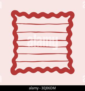 Hand drawn square pillow with wavy edges and horizontal red stripes. Decorative cozy cushion doodle for comfort home design. Simple vector textile Stock Vector