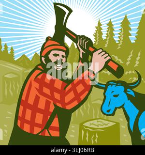 WPA style Illustration of Paul Bunyan, American folk hero swinging an axe with tree stumps and Babe the blue ox with forest and mountains done in retr Stock Vector