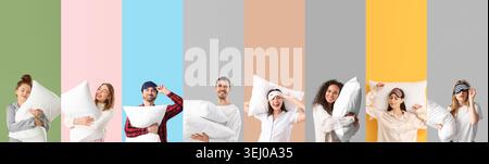 Collage of young people with soft pillows on color background Stock Photo