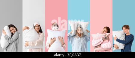 Group of young people with soft pillows on color background Stock Photo