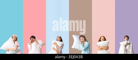Collage of young people with soft pillows on color background Stock Photo