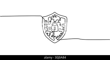 Minimalist Single Continuous Line Illustration of Digital Cyber Security Shield Stock Vector