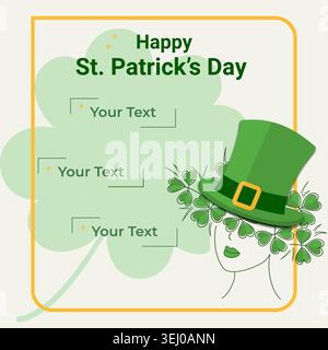 Greeting card template with shamrock composition, soft green tones and elegant flat design style. Vector illustration Suitable for invitations, event branding, media templates or publishing Copy space Stock Vector