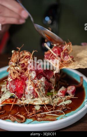 wonton cracker with fresh tuna cubes and fried onions with celery and garlic cream. Stock Photo