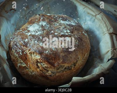A close-up shot of a freshly baked, artisanal homemade sourdough bread loaf with a crispy golden brown crust, sitting on baking paper inside a pot. Stock Photo