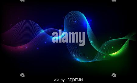 abstract vibrant multicolored wave of glowing lines flows gracefully across a dark night background accented with sparkling digital light effects Stock Vector