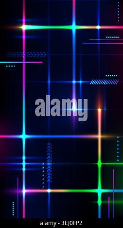 Futuristic vertical cyberpunk background with glowing neon grid lines tech ui elements and bright light flares on dark backdrop for digital technology Stock Vector