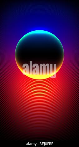 Futuristic neon eclipse background with glowing sphere ringed by vibrant cyan yellow and red gradients over hypnotic concentric circular lines for dig Stock Vector