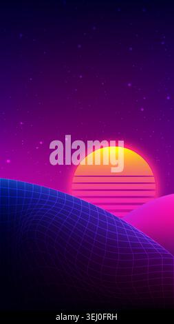nostalgic 1980s retro synthwave atmosphere with a glowing neon sun rising over futuristic cyber wireframe hills during a starry cosmic night Stock Vector