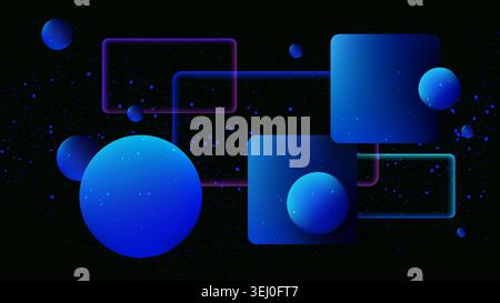 abstract digital art floating glowing blue spheres and neon geometric glassmorphism panels scattered across a starry deep black cosmic background for Stock Vector