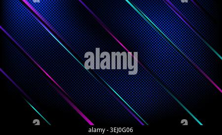 Modern abstract dark background with glowing neon blue purple and cyan diagonal lines over futuristic halftone dot pattern for technology wallpaper de Stock Vector
