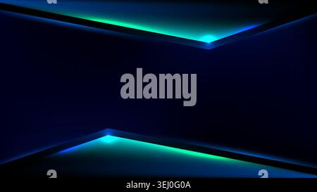 Futuristic dark blue geometric background with neon cyan and green glowing light effects for modern gaming and technology banner design Stock Vector