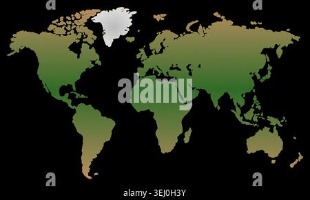 A minimalist vector map of the world rendered in a continuous olive-green to earthy-brown gradient, set against a solid black background Stock Vector