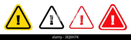 A collection of four triangular warning sign icons containing an exclamation mark, available in yellow, black outline, red outline, and solid red Stock Vector