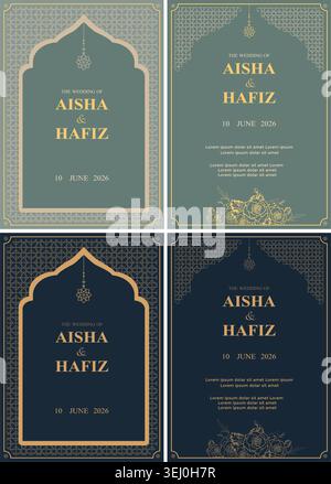 Islamic wedding invitation card template set with elegant gold arabic geometric pattern luxury arch background and floral elements Stock Vector
