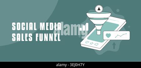 Social media sales funnel concept showing user engagement and conversion optimization on a smartphone, representing a digital marketing strategy for lead generation and business growth Stock Vector