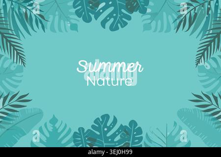 Flat tropical summer background with decorative palm and monstera leaves framing a copy space for seasonal banners and promotions Stock Vector