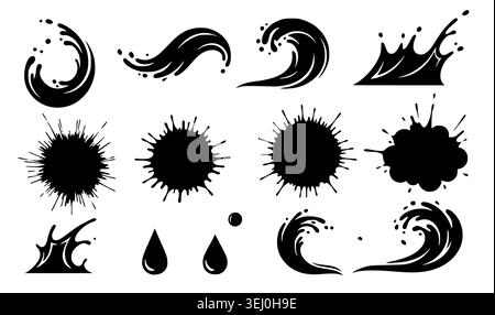 Black ink splash, paint splatter and wave vector element collection for creative branding, logos, posters and graphic compositions Stock Vector