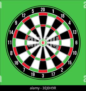 A classic, colorful dartboard vector graphic detailing the traditional numbered scoring segments over a solid green background Stock Vector