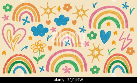 Cute hand drawn rainbow seamless pattern with hearts, flowers, stars and playful doodles in cheerful pastel colors Stock Vector