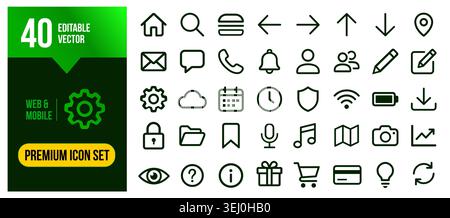 A comprehensive collection of 40 minimalist, editable line icons designed for web, mobile apps, and user interface systems Stock Vector