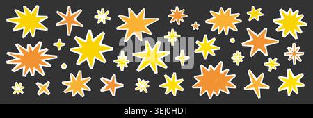 Star paper collage sticker set. Hand drawn star cutout doodle with grunge texture torn irregular edge. Gold yellow sparkle burst scrapbook cartoon cute retro background. Vector illustration Stock Vector