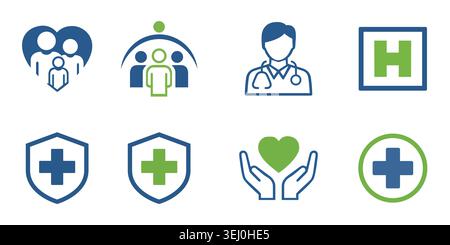 A set of blue and green corporate medical and health insurance icons, featuring family care, doctors, shields, and hospital symbols Stock Vector