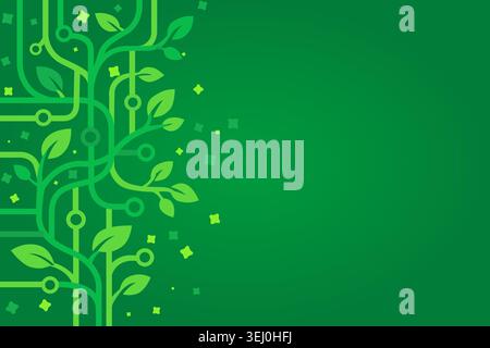 A vibrant green eco-technology background showcasing stylized circuit board tracks blooming into organic leaves and sprouts Stock Vector