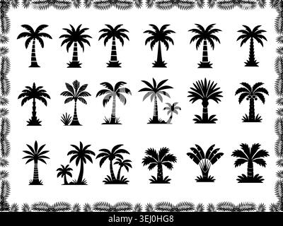A collection of black silhouette icons representing different species of tropical palm trees, enclosed in a decorative frond border Stock Vector