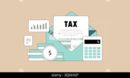 Envelope opened to reveal a tax form labeled TAX, accompanied by calculator, stacked coins with dollar sign, bar chart and small document illustrating taxation and financial planning Stock Vector